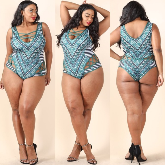 NEW 1x-3x GREEN MULTI LACE UP ONE PIECE 123X - Picture 3 of 8